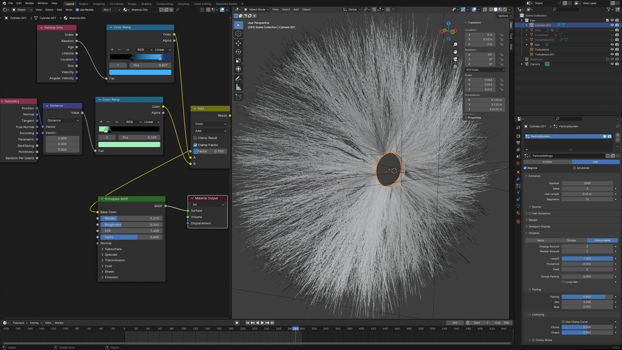 Hair particles can be used to simulate the structure of the iris that consists of thin fibers that make it contractable.