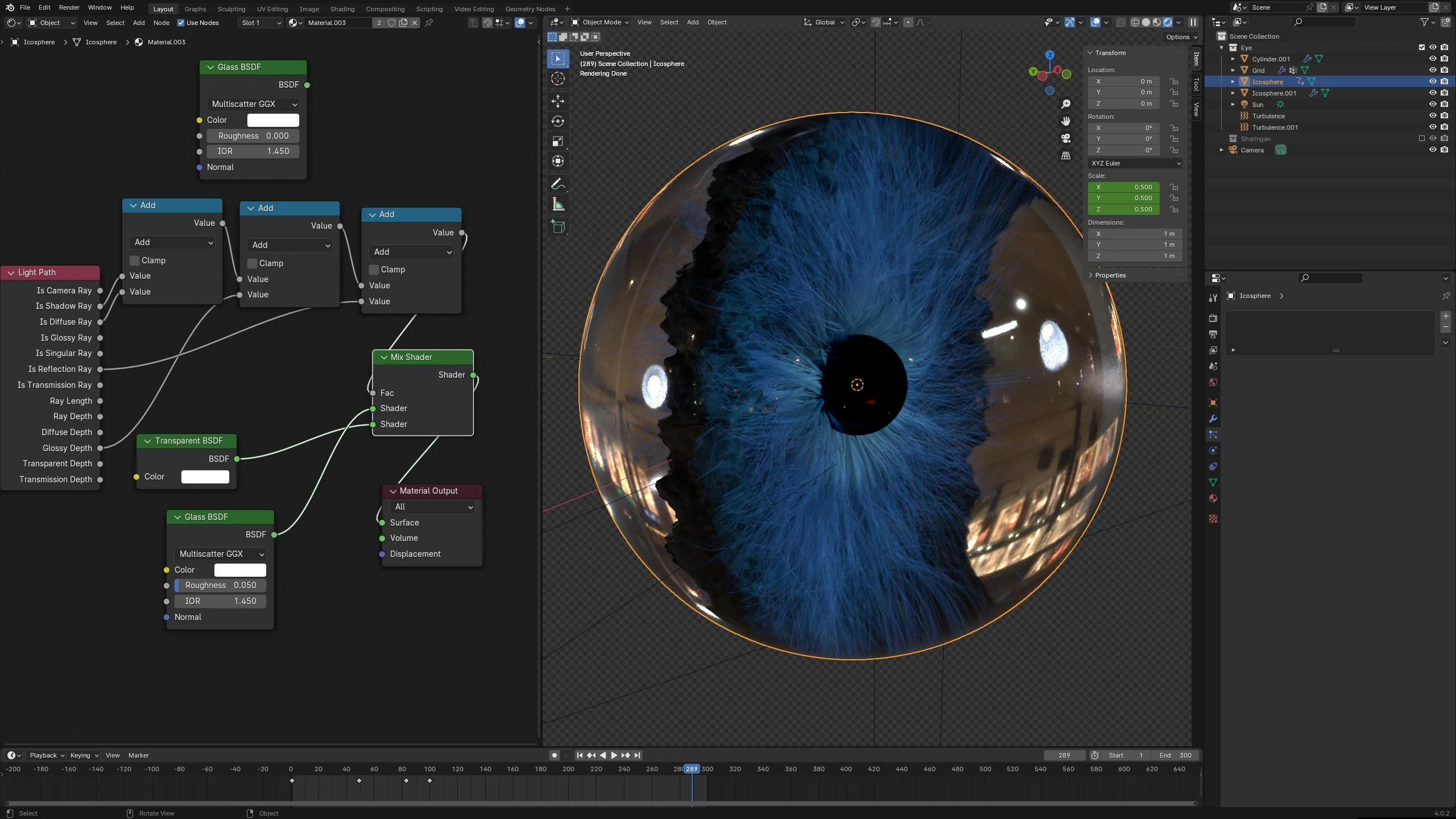 The eye cornea can be modelled with a sphere and glass material.