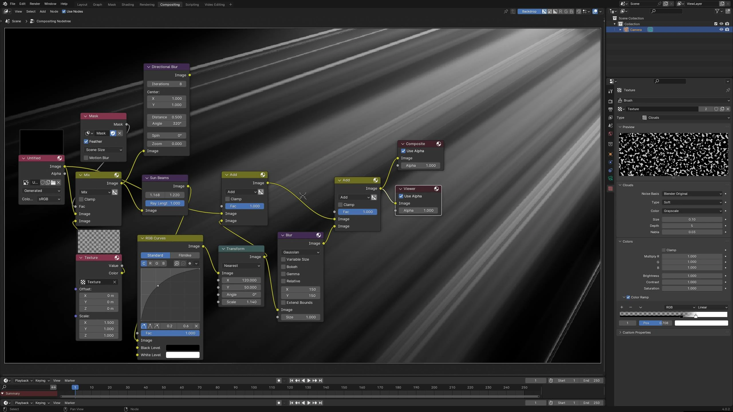 Sun beams node can be used in Blender Compositor to simulate light rays and add them to any input image.