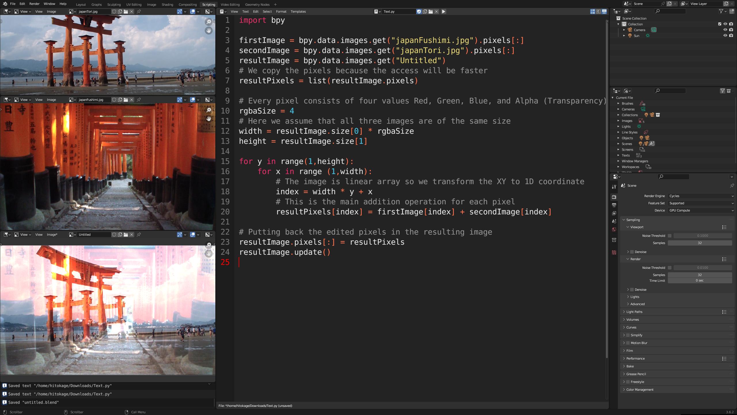 Python code in Script Editor Blender is used to add two images together with additive blending mode. The script iterates over all pixels of both images, adds them together and stores them in the result.