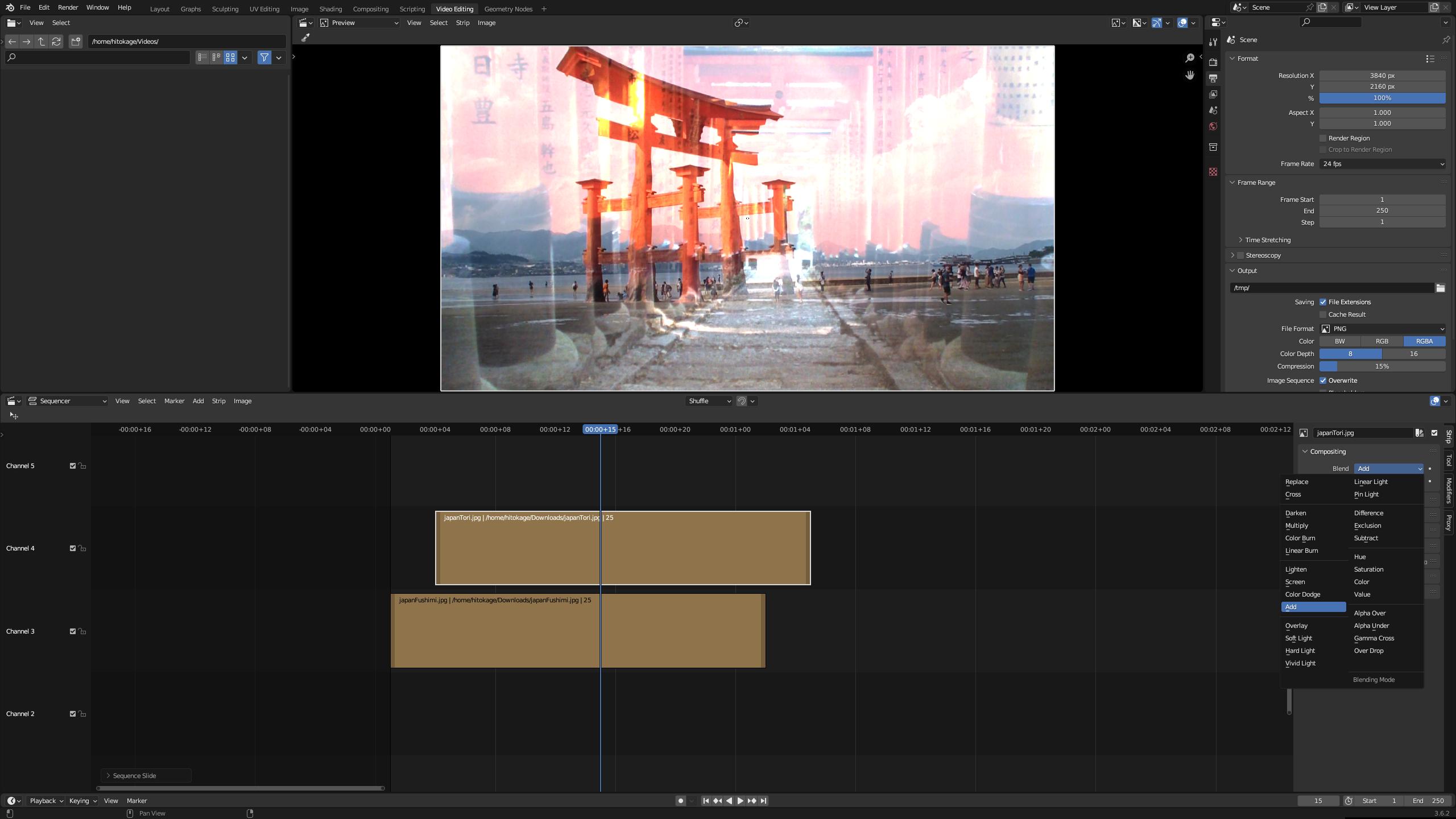 Layers in VSE in Blender are used to add two images together with additive blending mode. This is the most straightforward way.