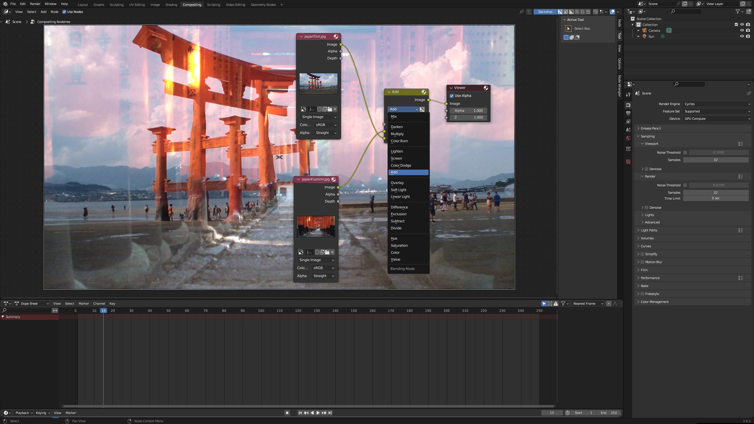Nodes in Compositor in Blender are used to add two images together with additive blending mode using Mix Node.