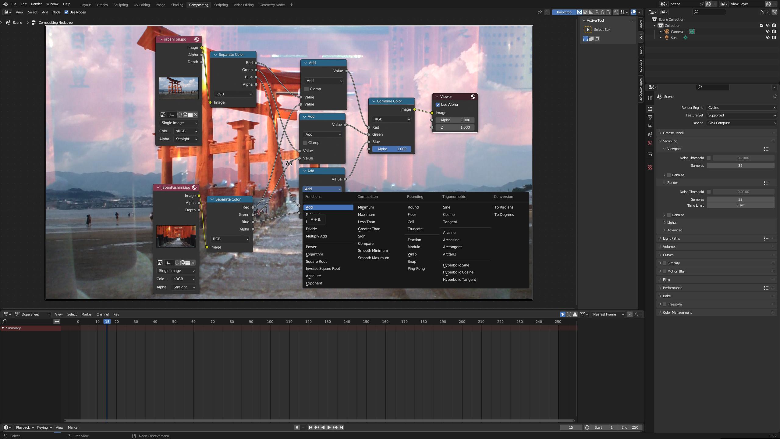 Nodes in Compositor in Blender are used to add two images together with additive blending mode. The Mix Node is not used here to demonstrate how it works internally on a lower level. The RGB channels are added one by one.