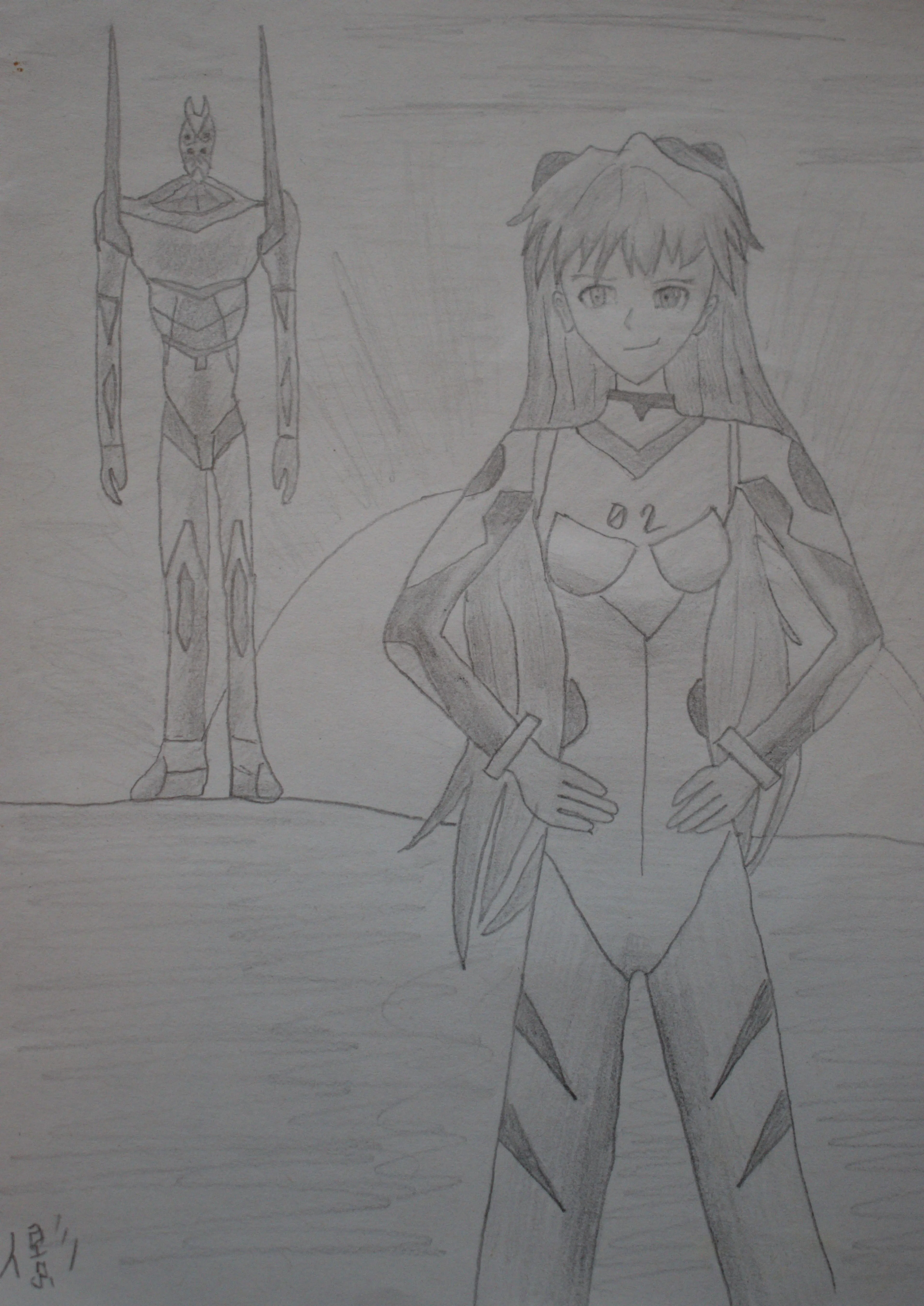 A pencil drawing of Asuka anime character from Neon Genesis Evangelion.