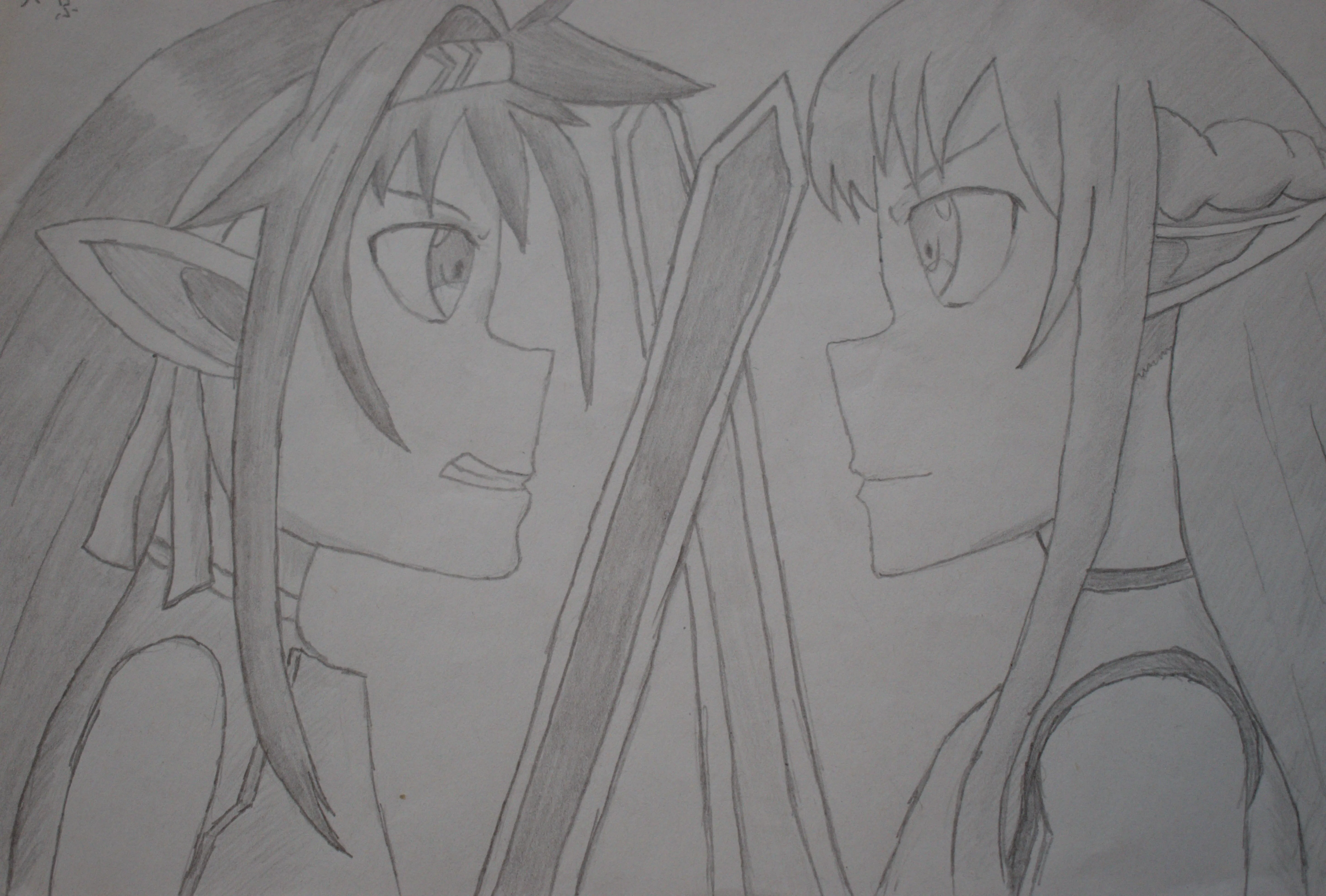 A pencil drawing of anime characters Asuna and Yuki from Sword Art Online.