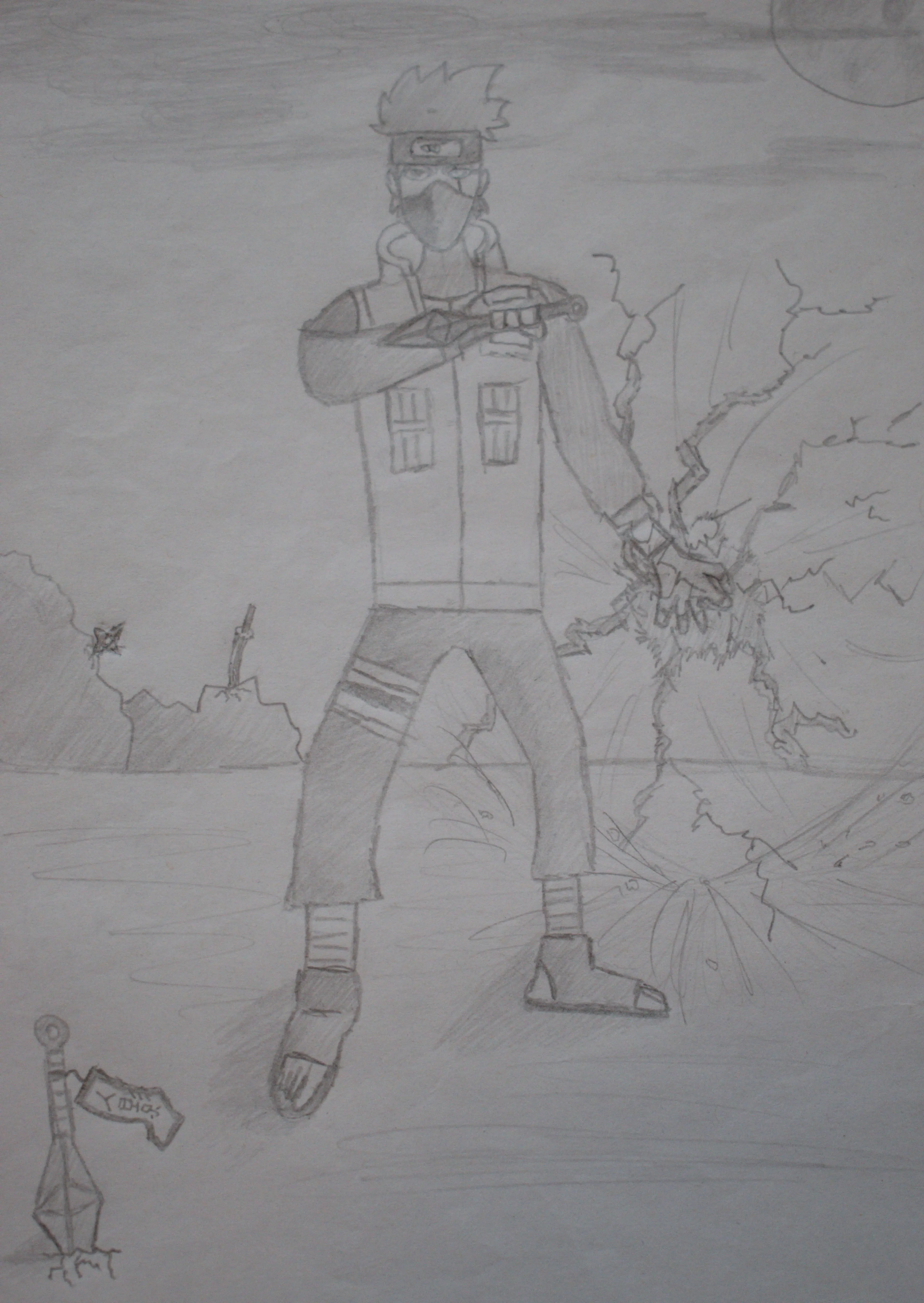 A pencil drawing of anime character Kakashi from Naruto Shippuuden performing Raikiri/Chidori on the battlefield.