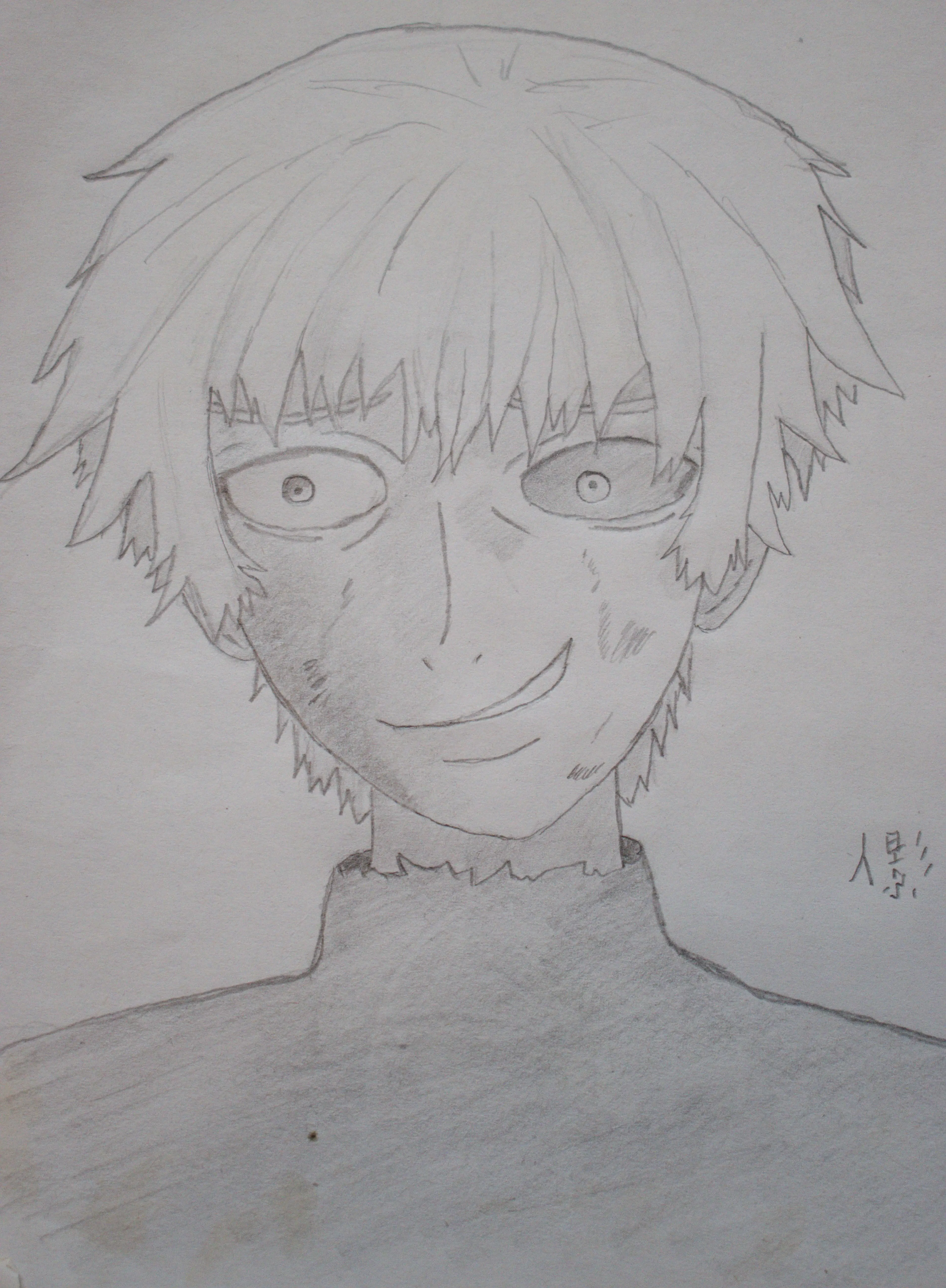 A pencil drawing of anime character Kaneki from Tokyo Ghoul.