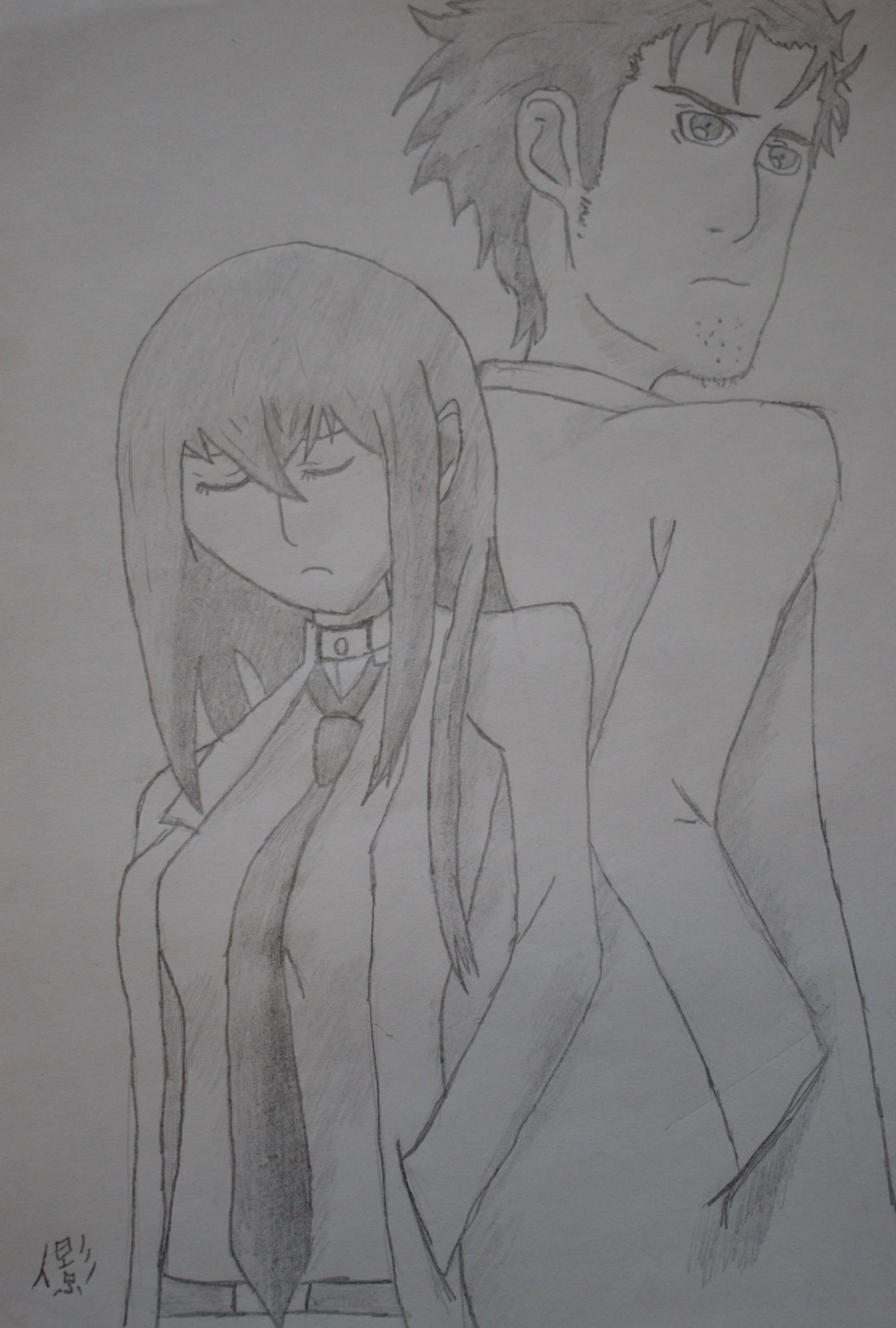 A pencil drawing of anime characters Kurisu and Okarin from Steins Gate.