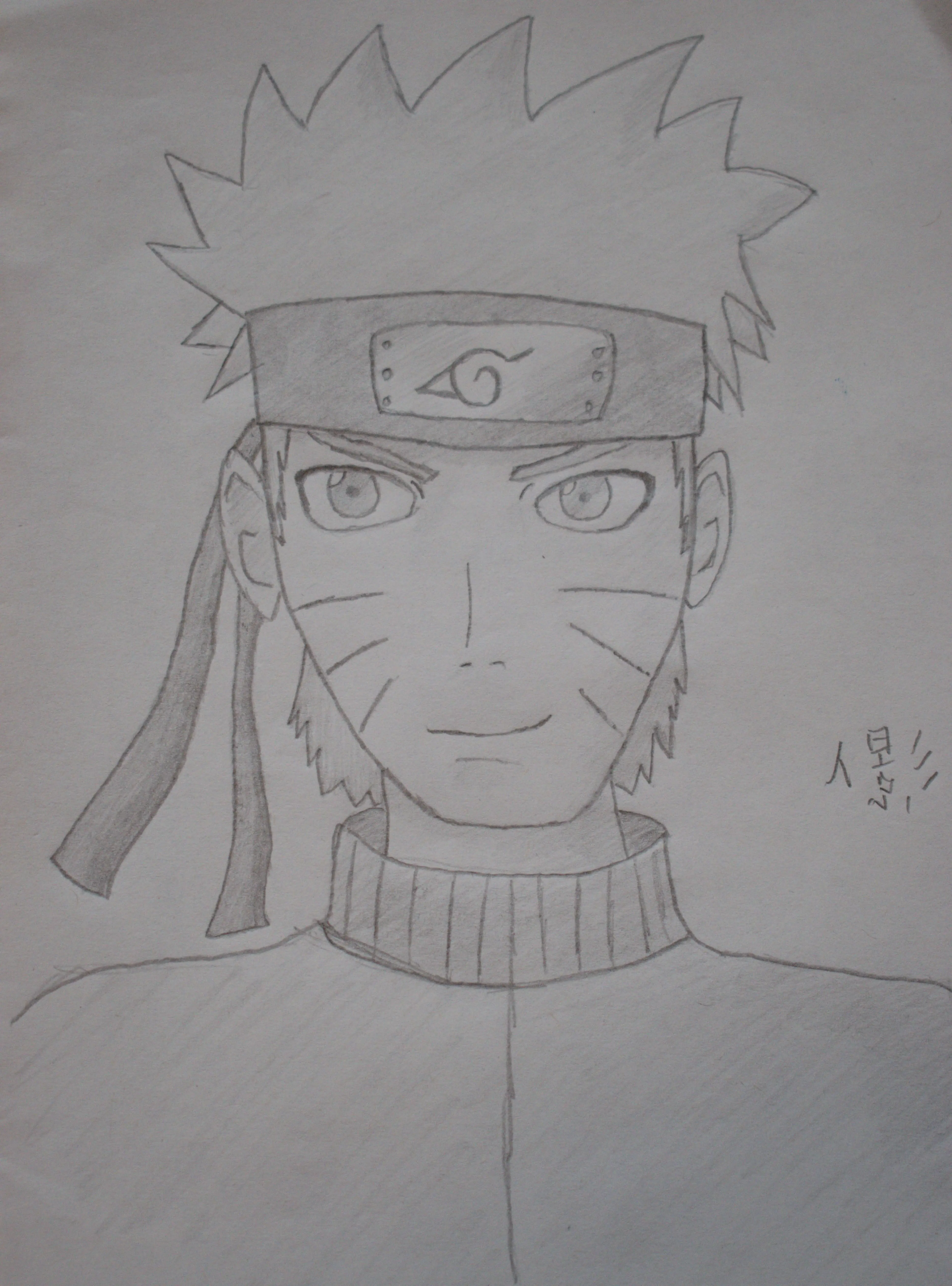 A pencil drawing of anime character Naruto from Naruto Shippuuden.