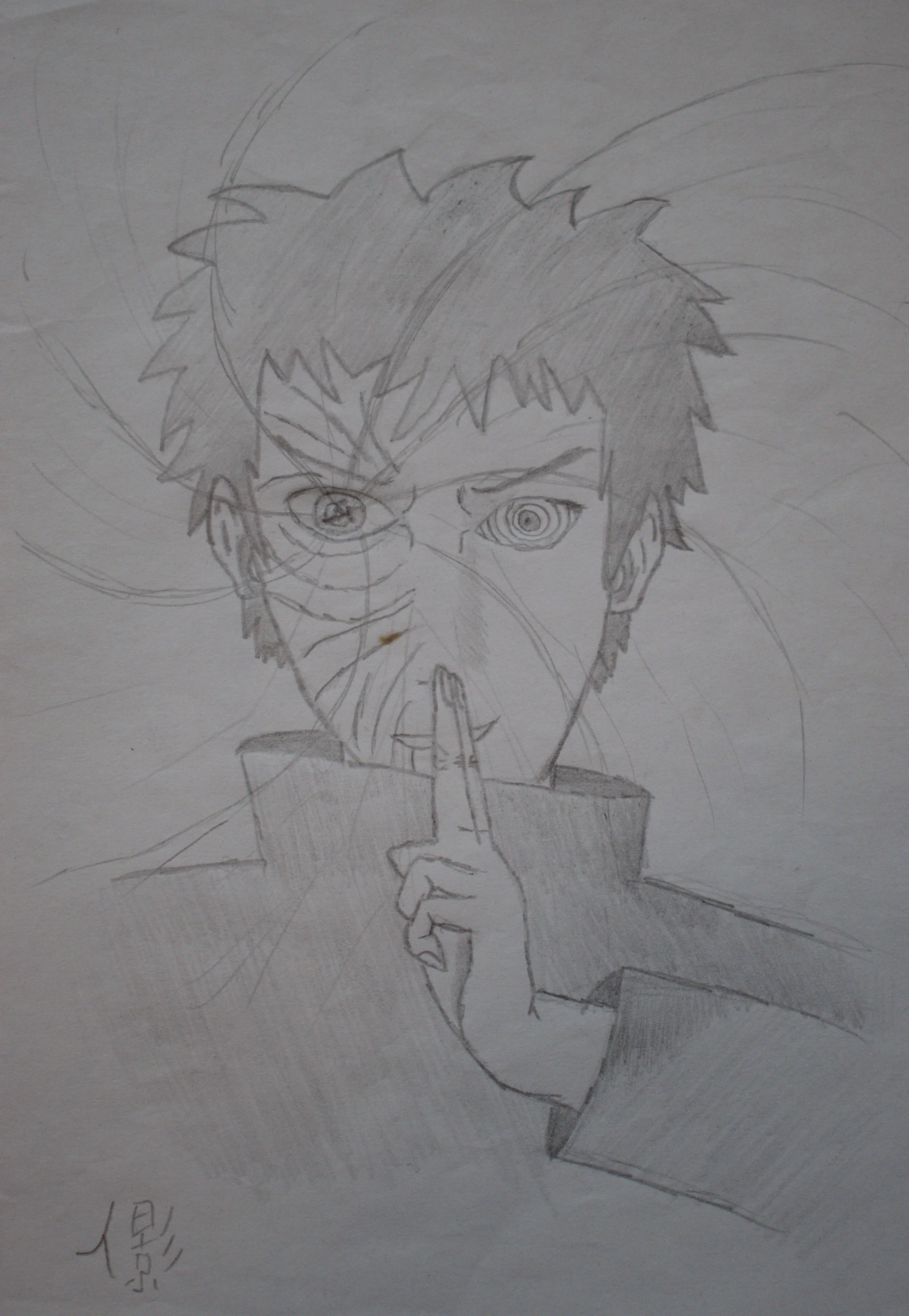 A pencil drawing of anime character Obito from Naruto Shippuuden.
