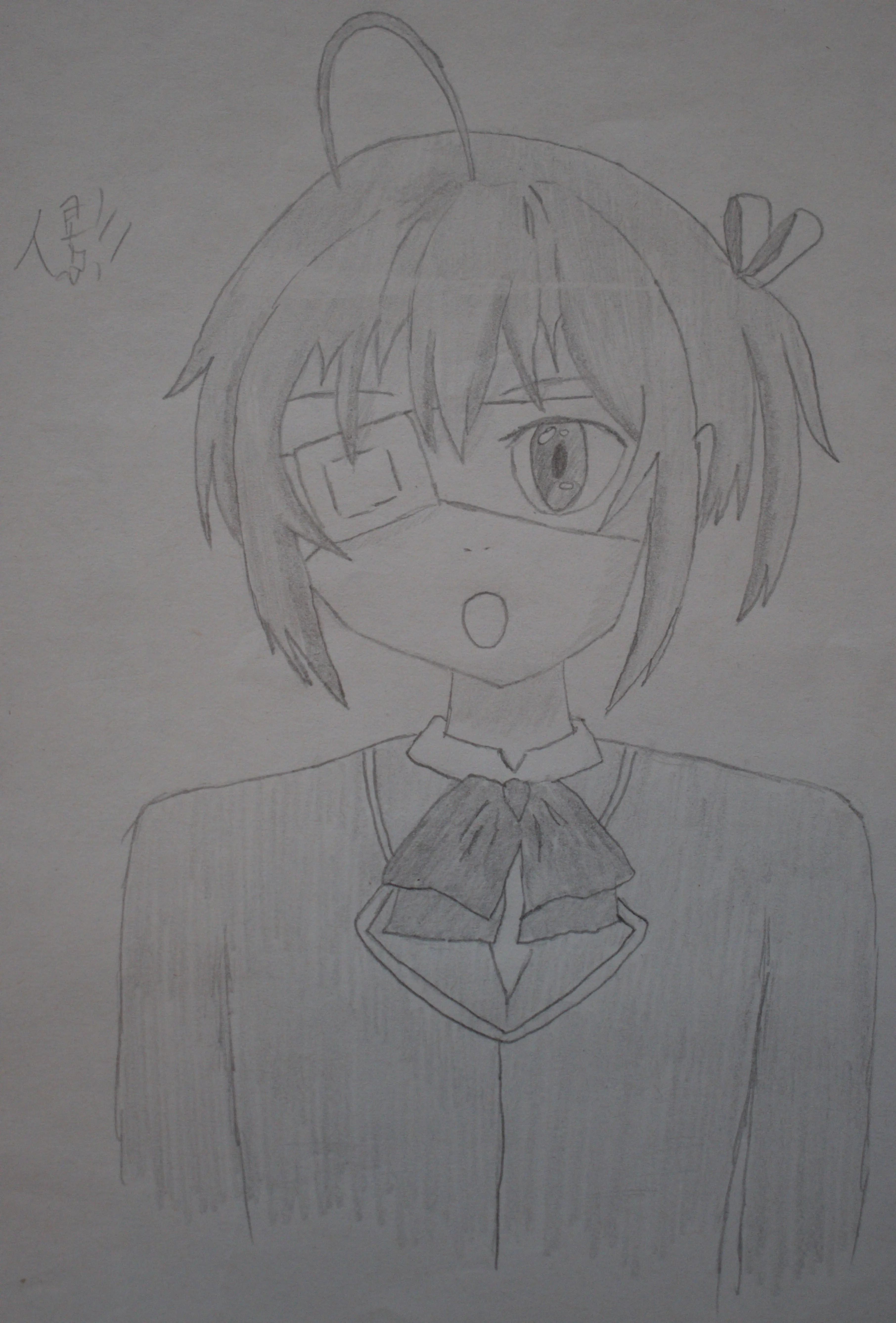 A pencil drawing of anime character Rika from Chuunibyou.