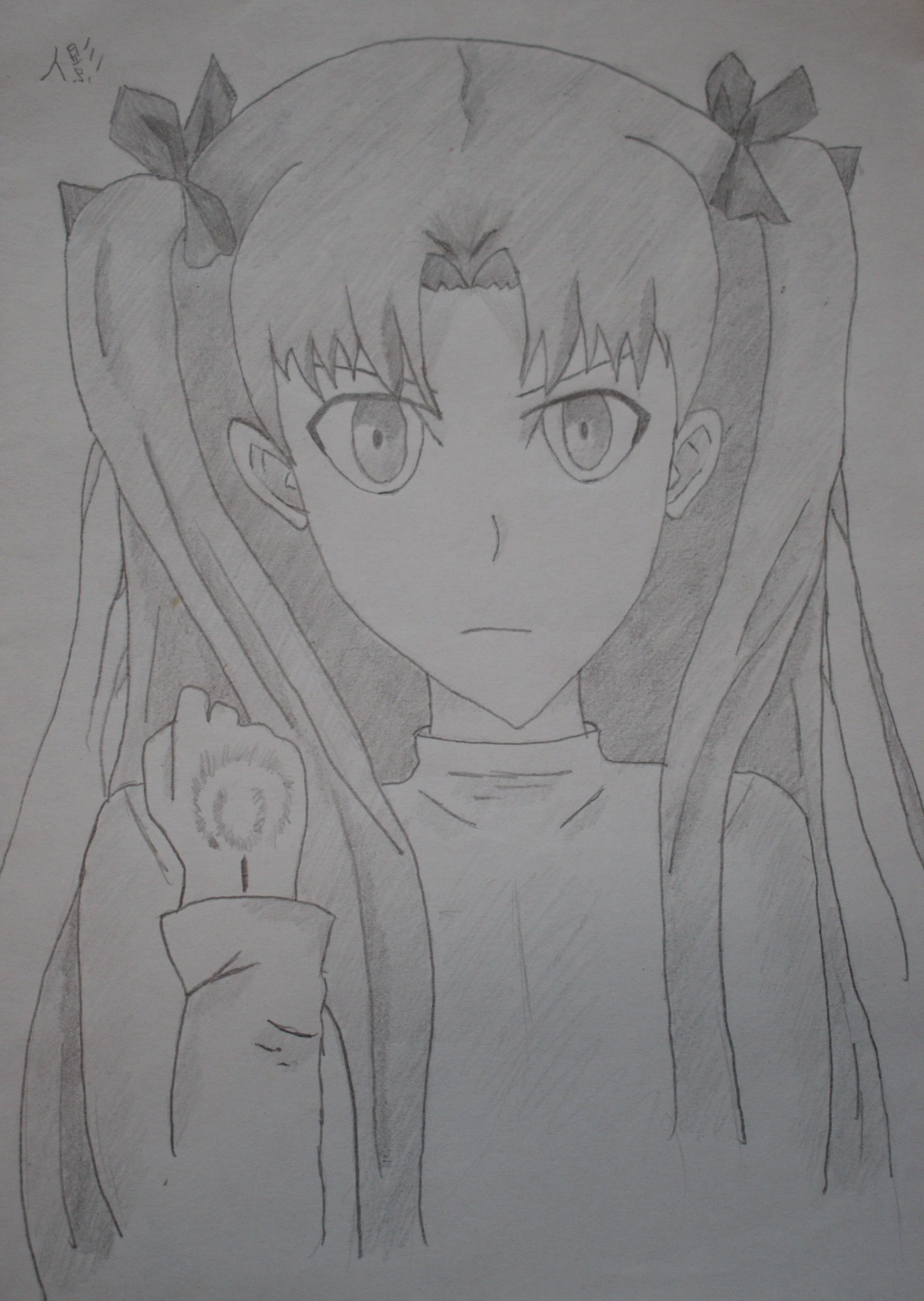 A pencil drawing of anime character Rin from Fate Stay Night.