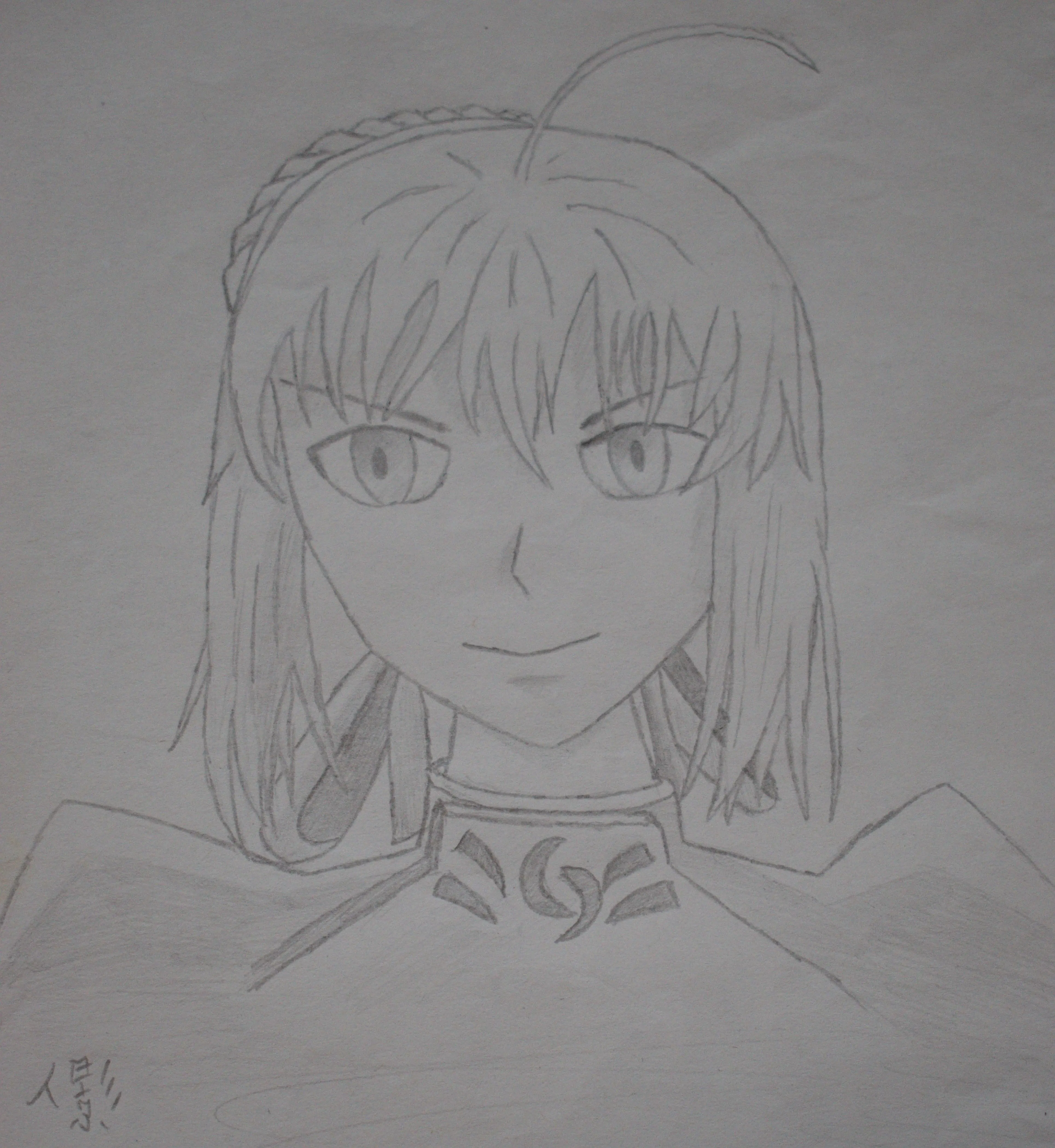 A pencil drawing of anime character Saber from Fate Zero.