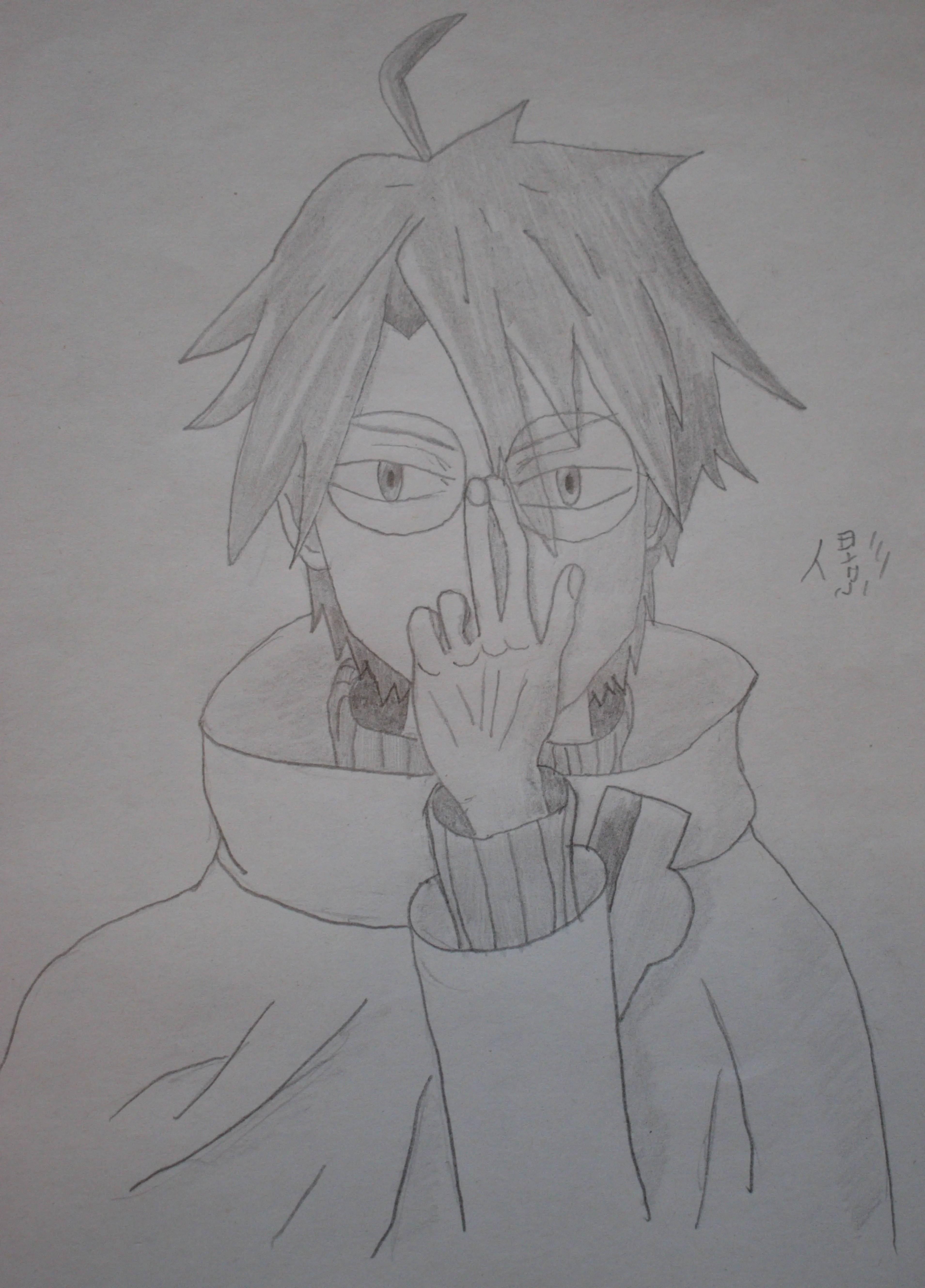 A pencil drawing of anime character Shiroe from Log Horizon.