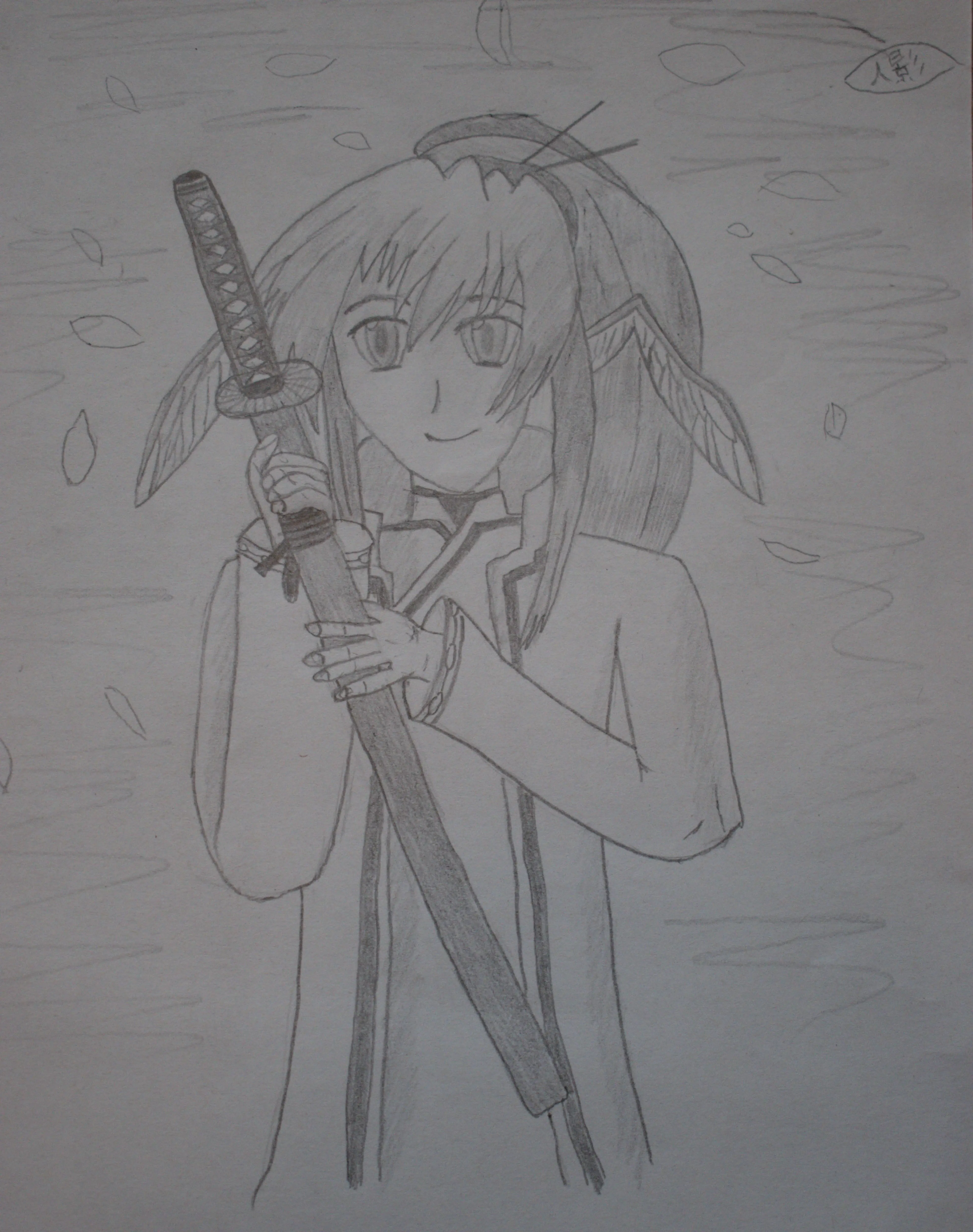 A pencil drawing of anime character Touka from Utawarerumono.