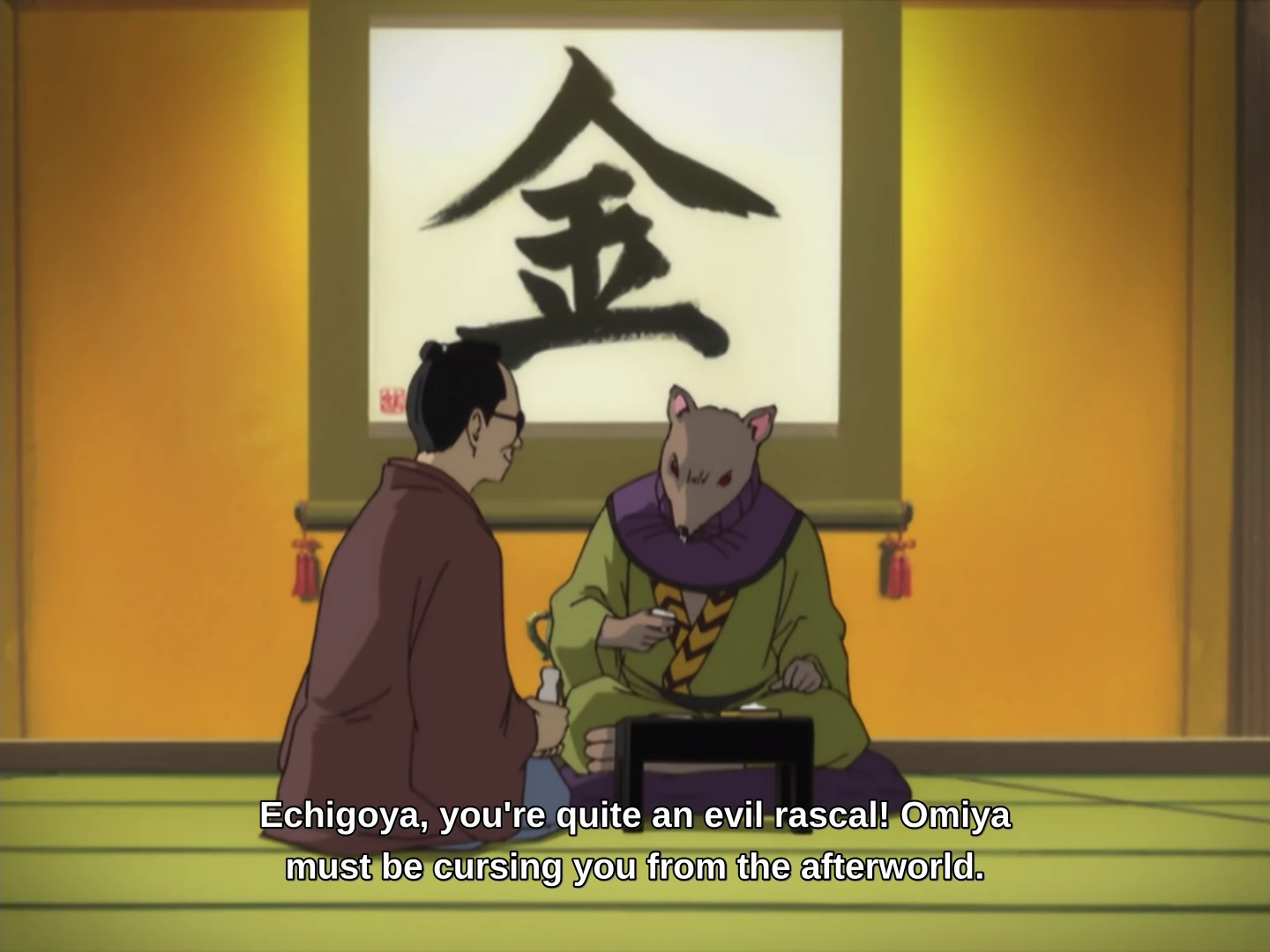 Evil merchant Echigoya appears in Gintama and the scene resembles the Tenchu game iconic mission.