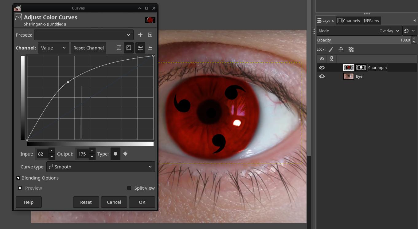 Exited the mask editing mode by clicking at the sharingan image in the layers (the mask image thumbnail was active before). Opened Colors and Curves ans edited the curve to make the sharingan brighter.