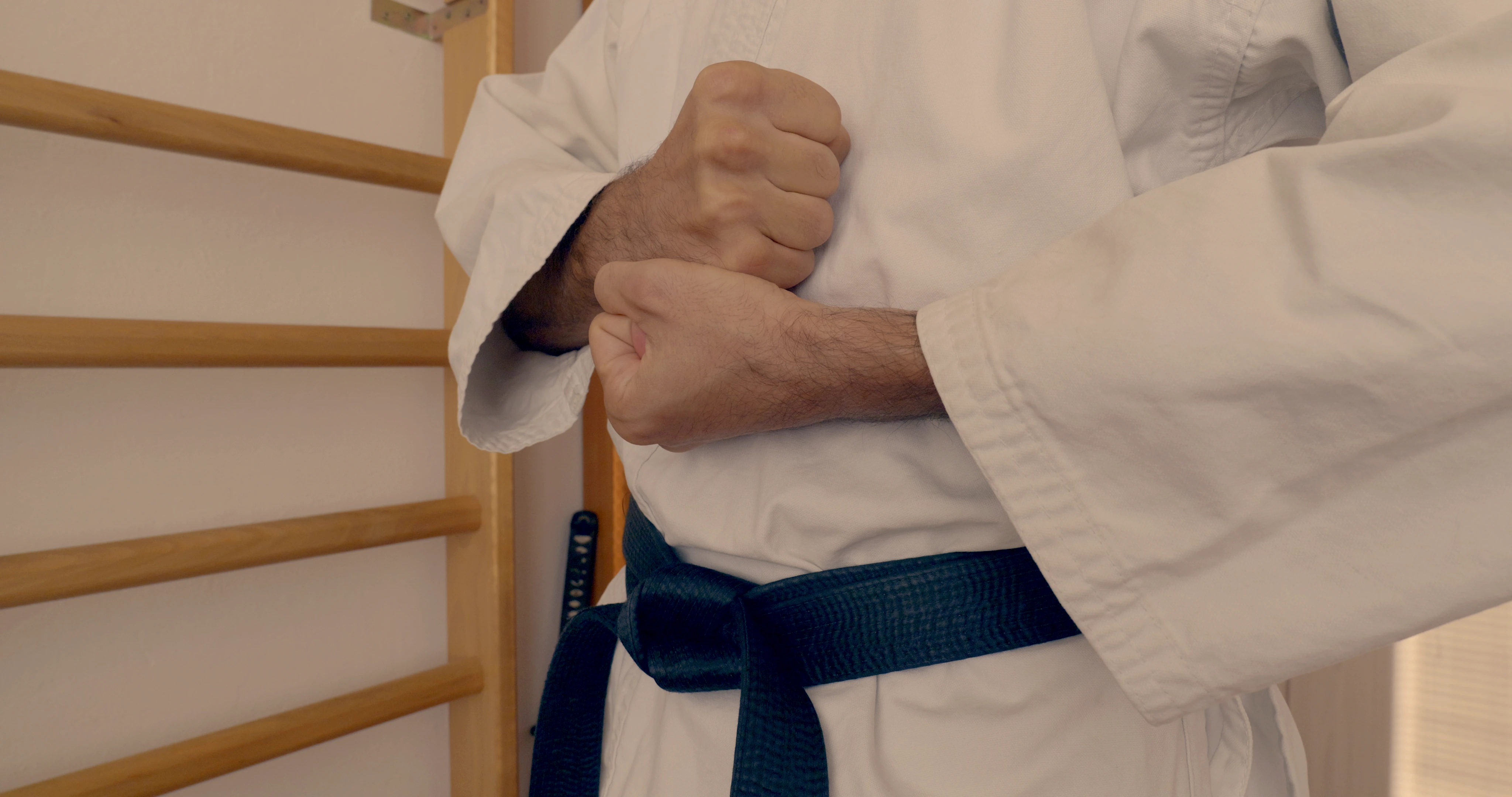 Beginning pose of a Shotokan karate kata Chinte. Might be related to touching our clothes or pockets at the beginning of a fight.