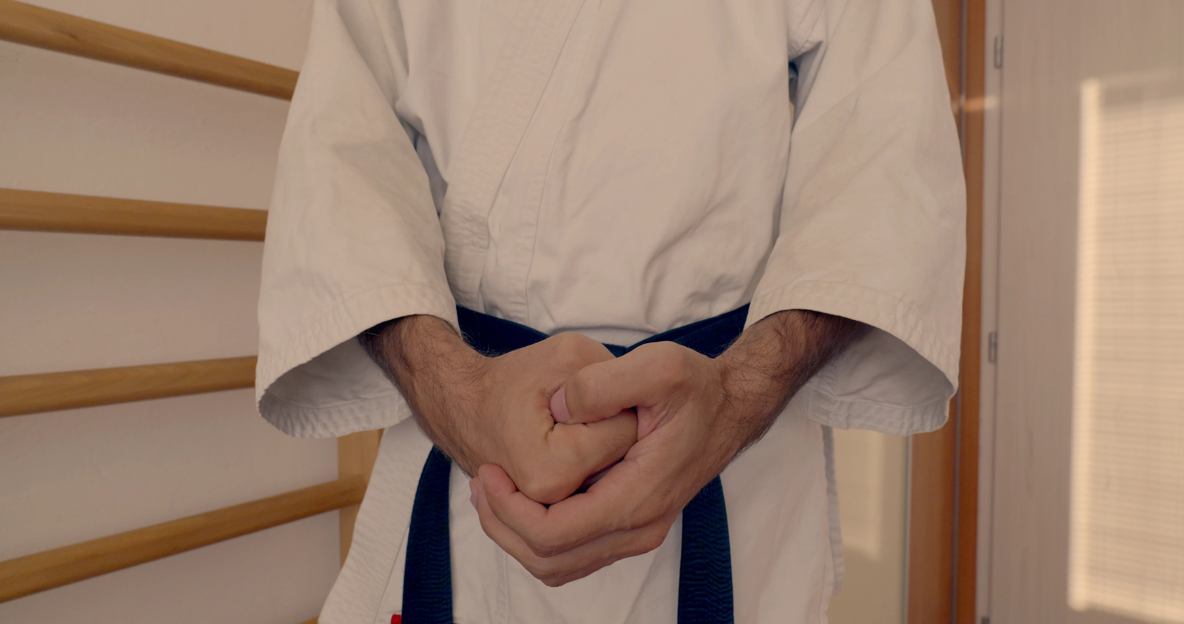 Beginning pose of a Shotokan karate kata Bassai Dai. Might be an application for a close combat where we hold the opponents hands with a knife down.