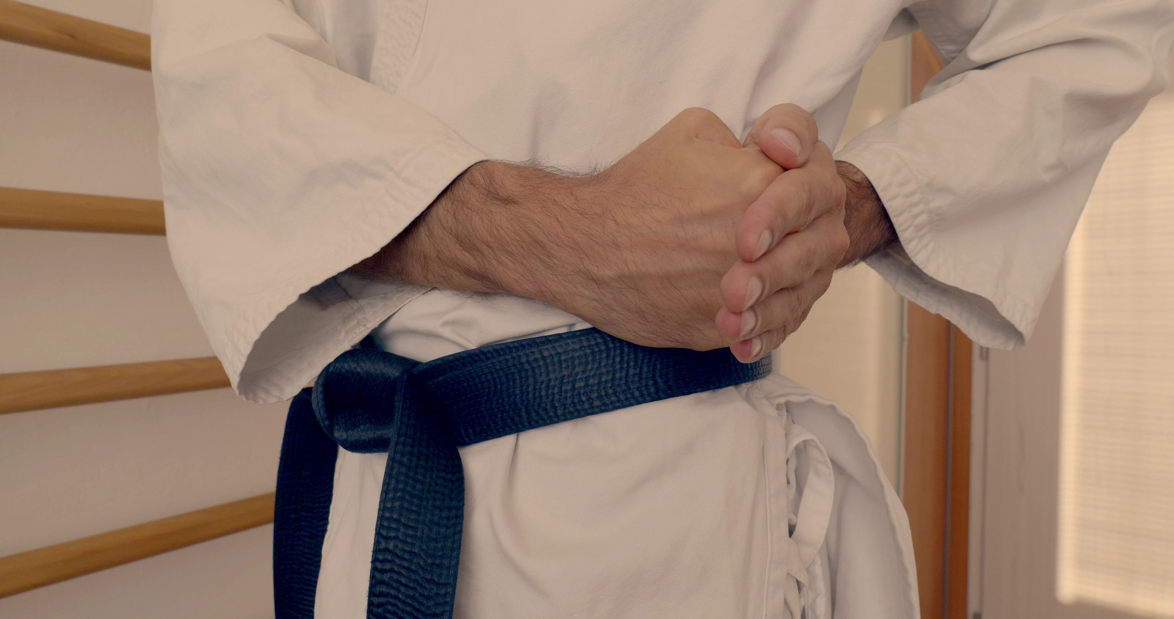 Beginning pose of a Shotokan karate kata Empi. Can be used as a reaction when searching the pocket or adjusting trousers.