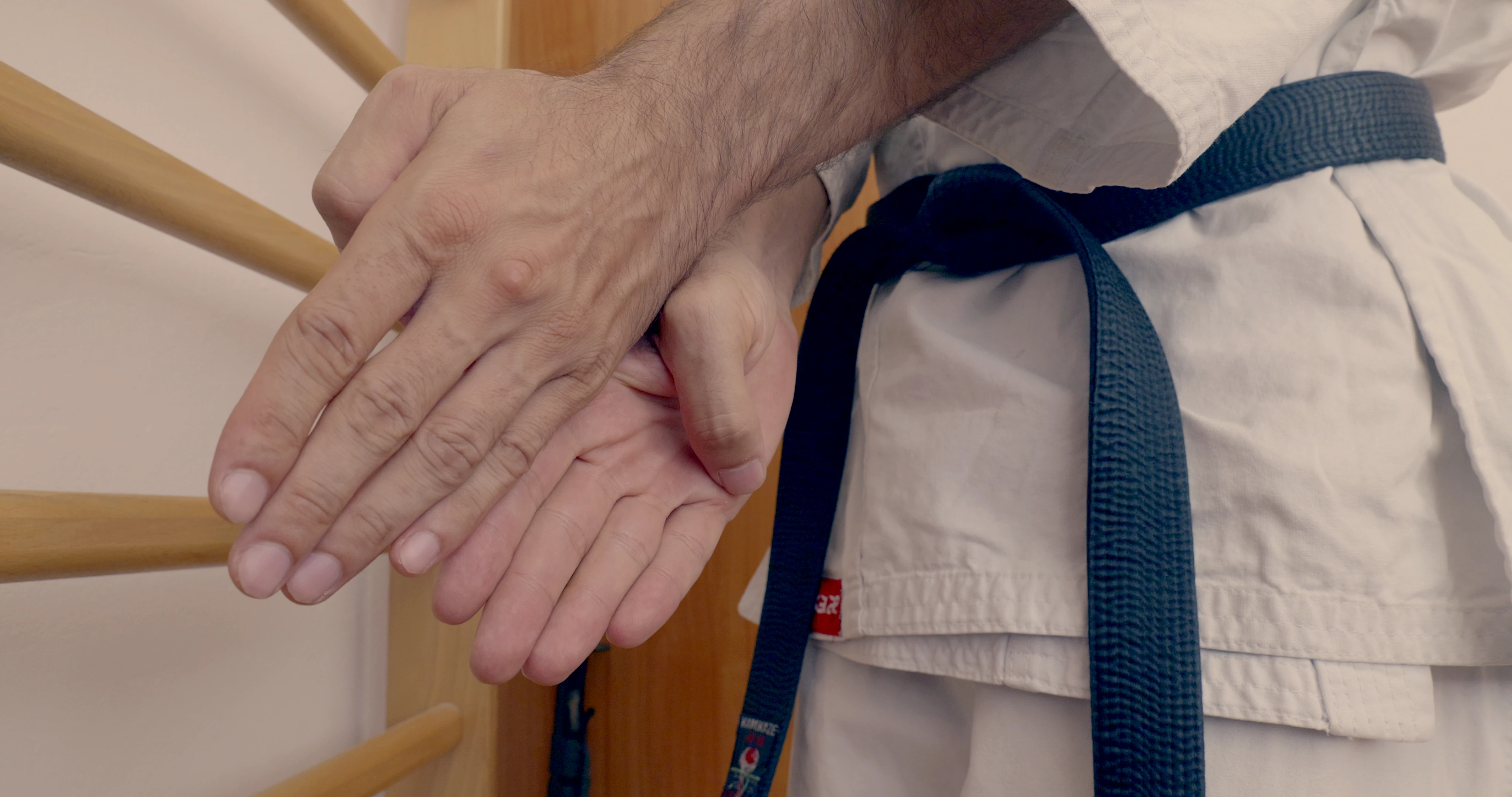 Beginning pose of a Shotokan karate kata Bassai sho. The hands are similarly positioned as when unlocking the door, for example.