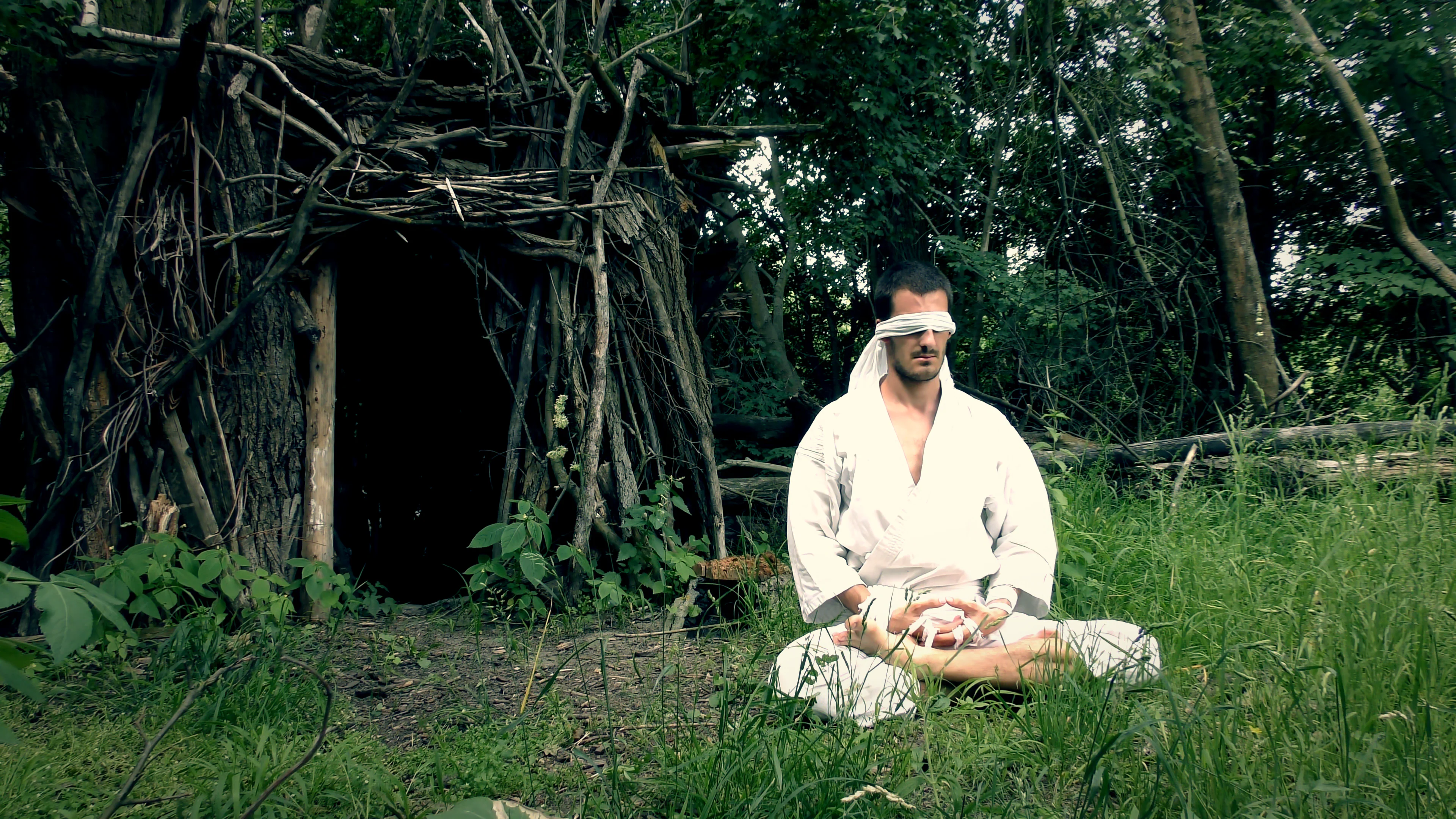 Blind meditation at a forest shelter hut.