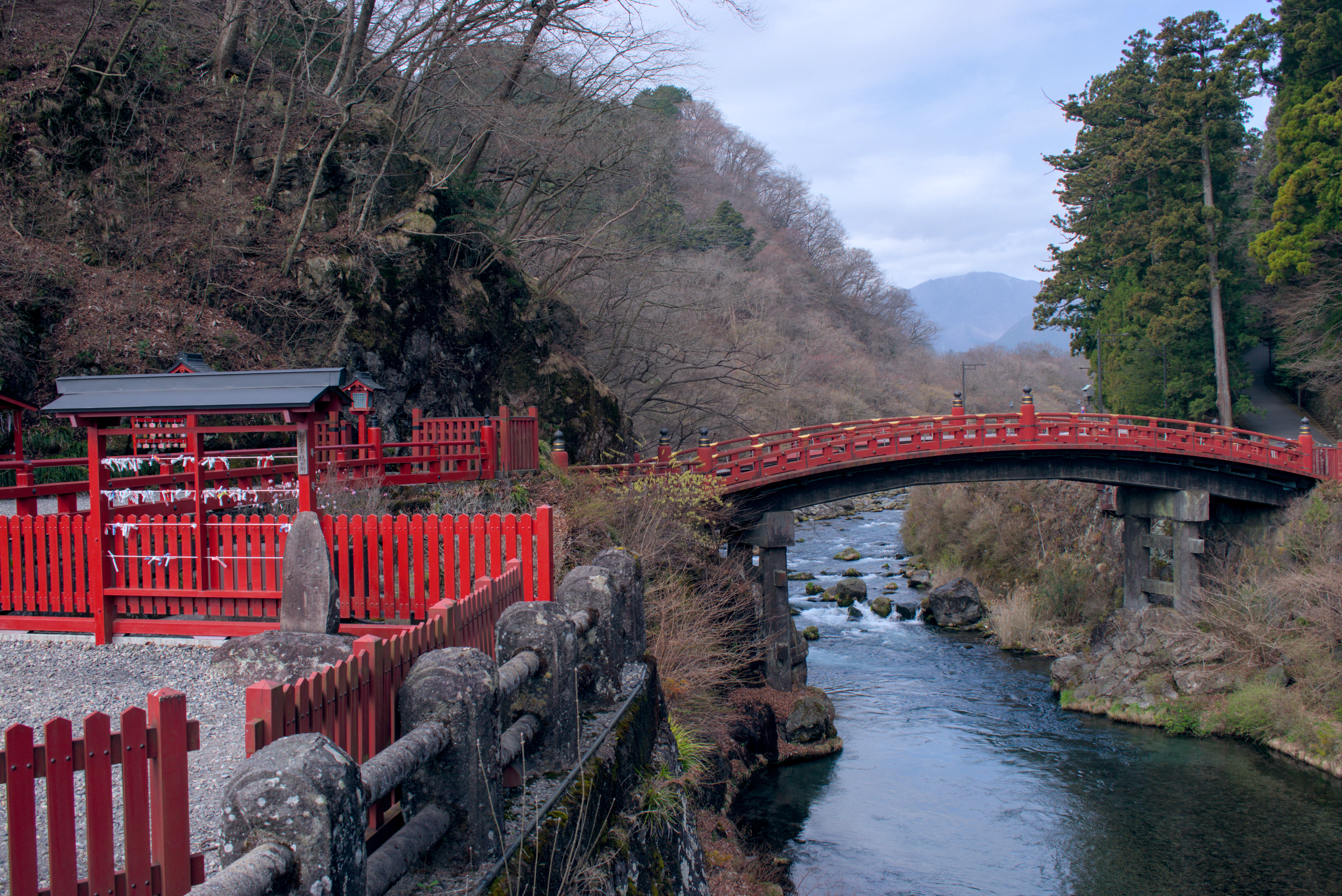 Typical Japanese red bridge in Nikko near Tokugawa shrine.