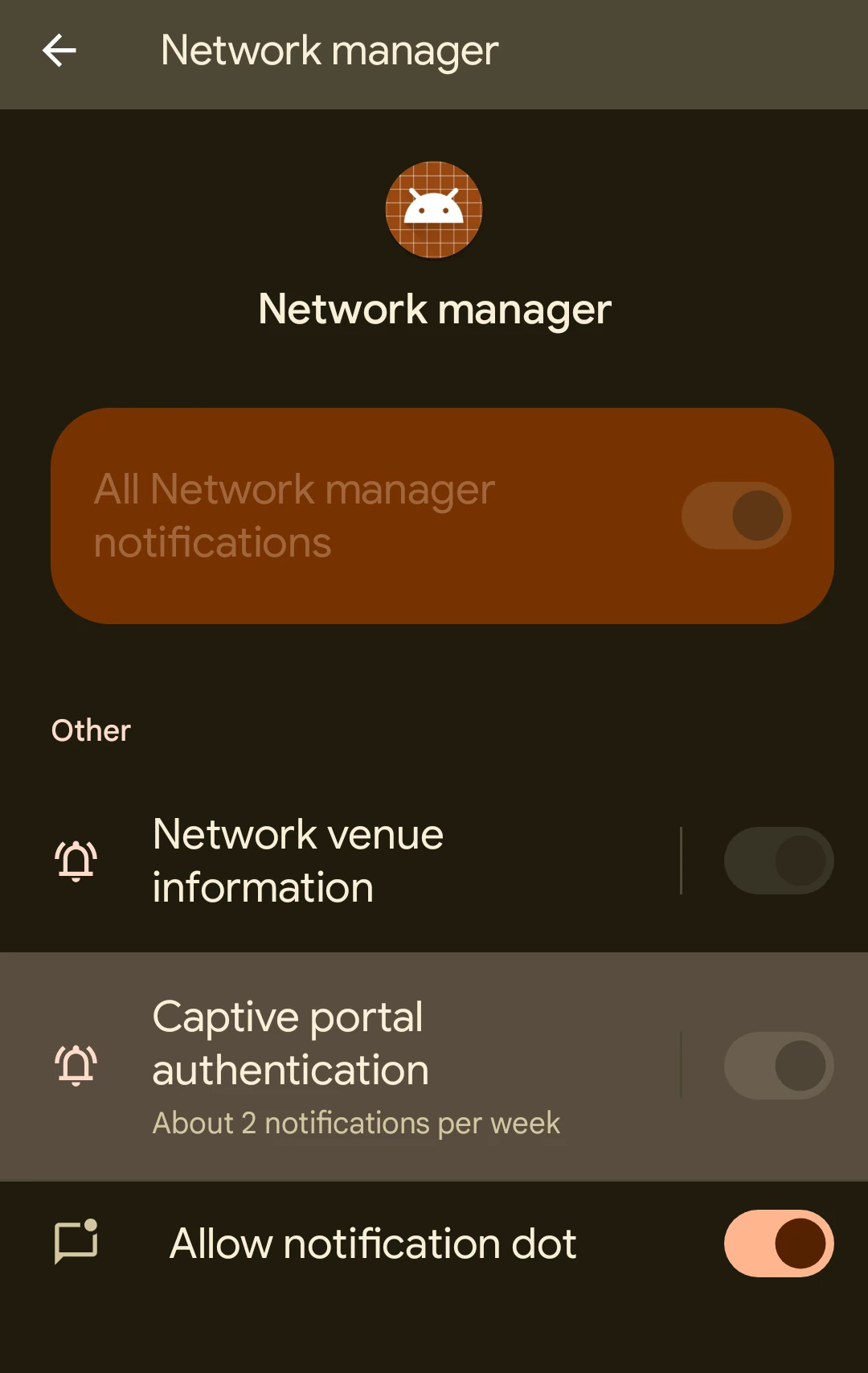 Android Wi-Fi notification settings after signing in.