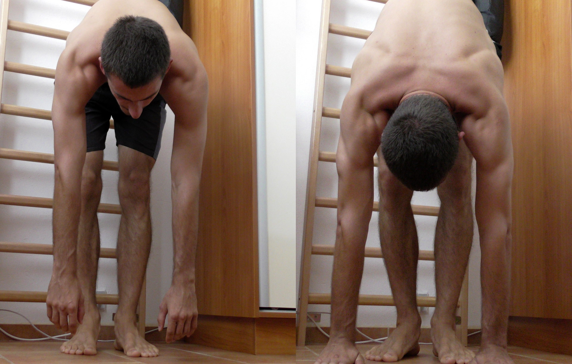 Stretching the back of the legs by touching the floor
