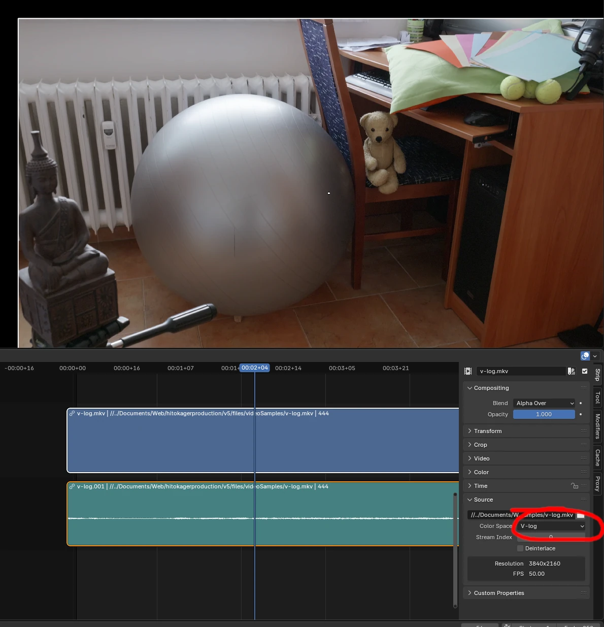 Selecting the input video strip source color V-Log profile in Blender VSE.