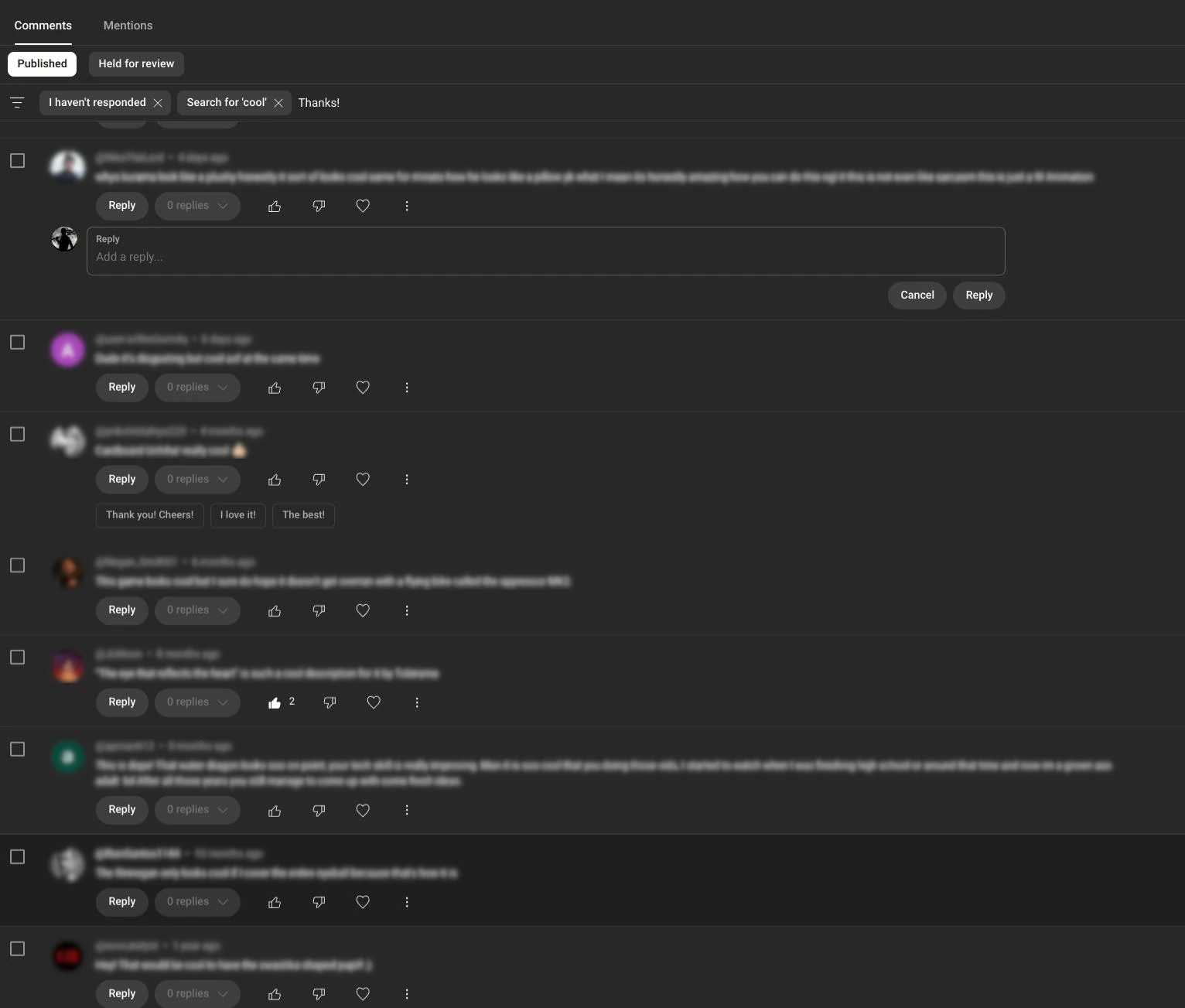 YouTube Creator Studio with the Comments section, automatic suggestions and reply box.